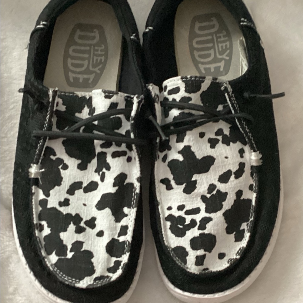 Hey Dude Moccasins - Black and White Cow Print